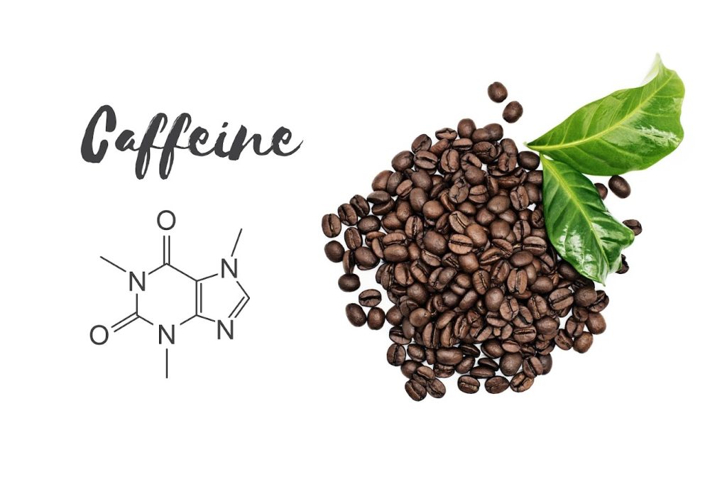 Caffeine molecule formula with coffee beans and tee leaves. One of the most famous nootropics.